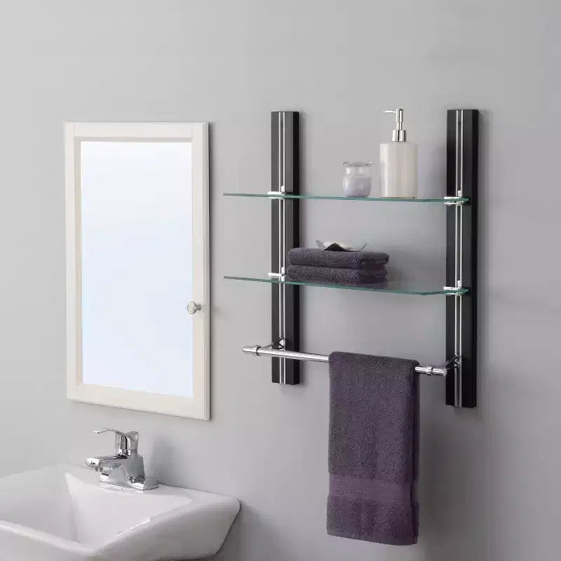 Mensola a 2 ripiani in legno marrone scuro e vetro temperato con portasciugamani
