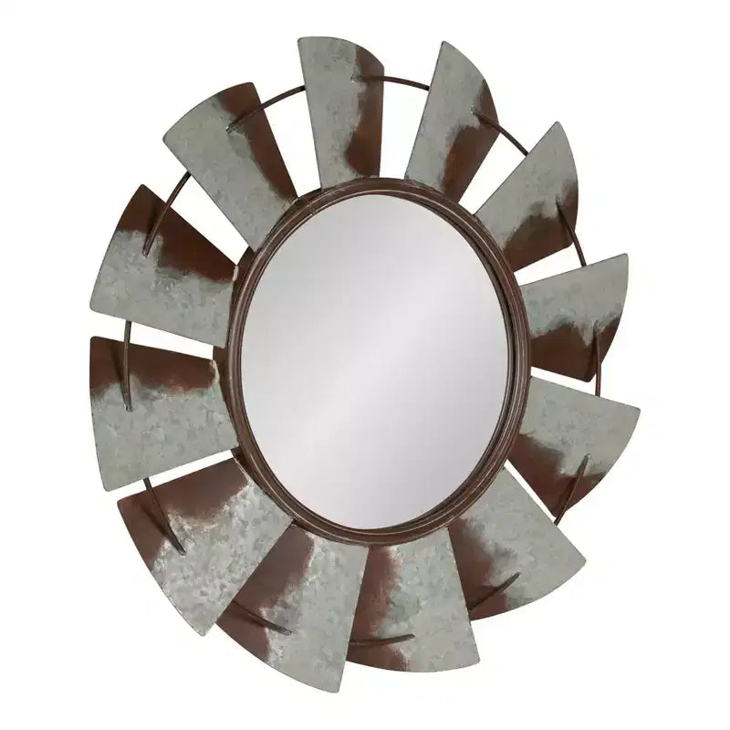 Specchio da parete rotondo in metallo con mulino a vento, 32", argento, singolo
