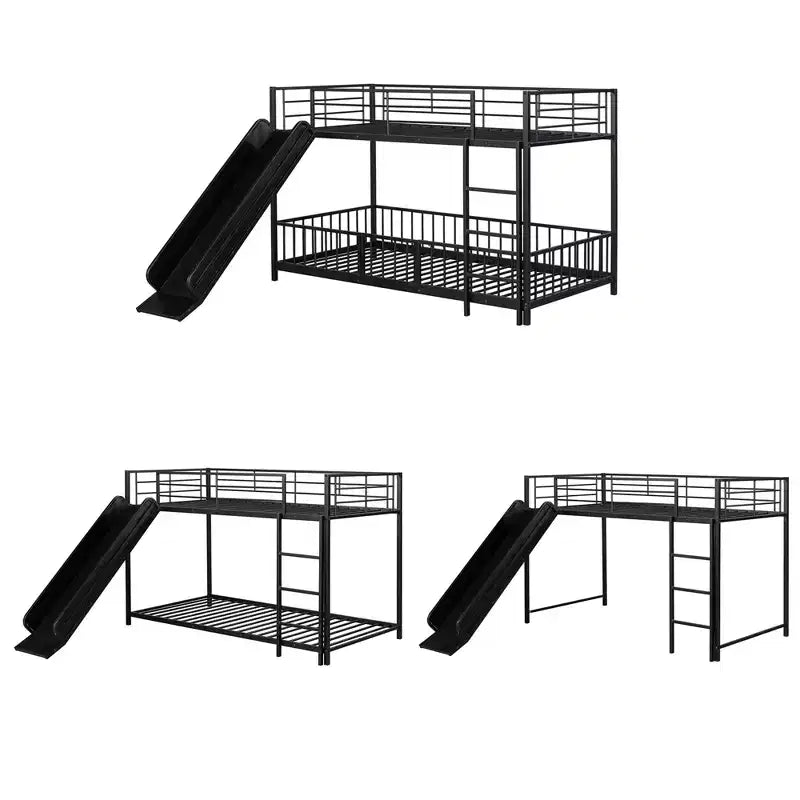 Letto a castello in metallo bianco/nero con scivolo e sponde di protezione, per 2 bambini