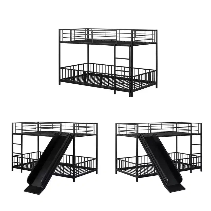 Letto a castello in metallo bianco/nero con scivolo e sponde di protezione, per 2 bambini