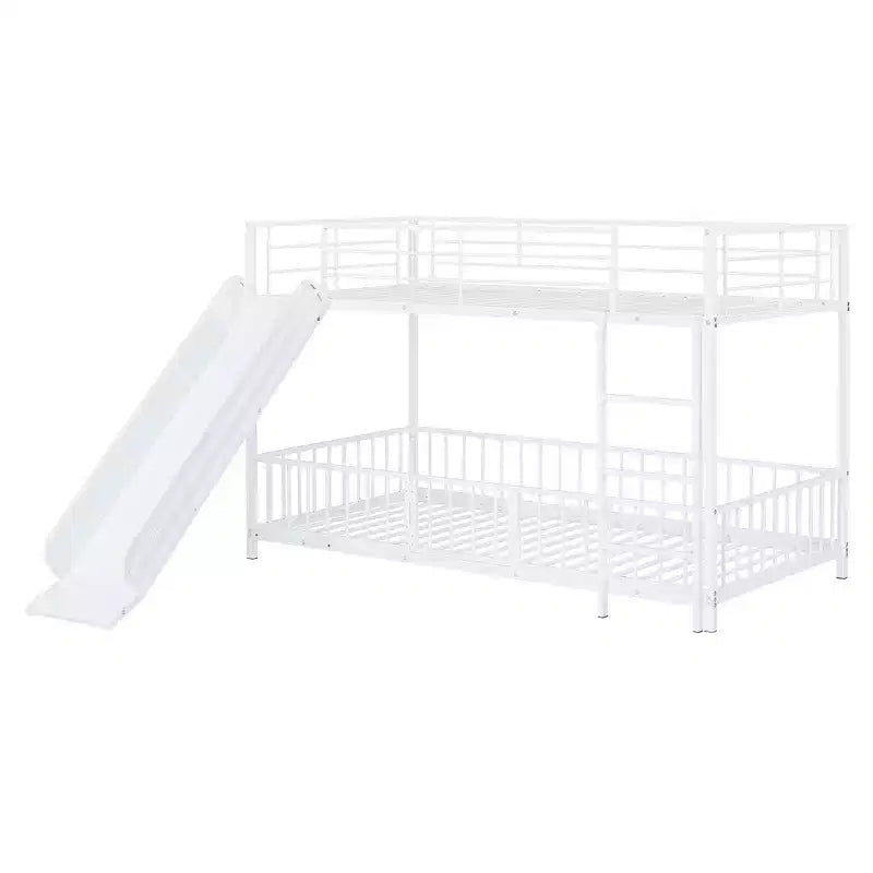 Letto a castello in metallo bianco/nero con scivolo e sponde di protezione, per 2 bambini