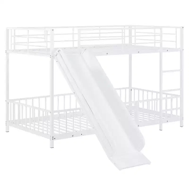 Letto a castello in metallo bianco/nero con scivolo e sponde di protezione, per 2 bambini