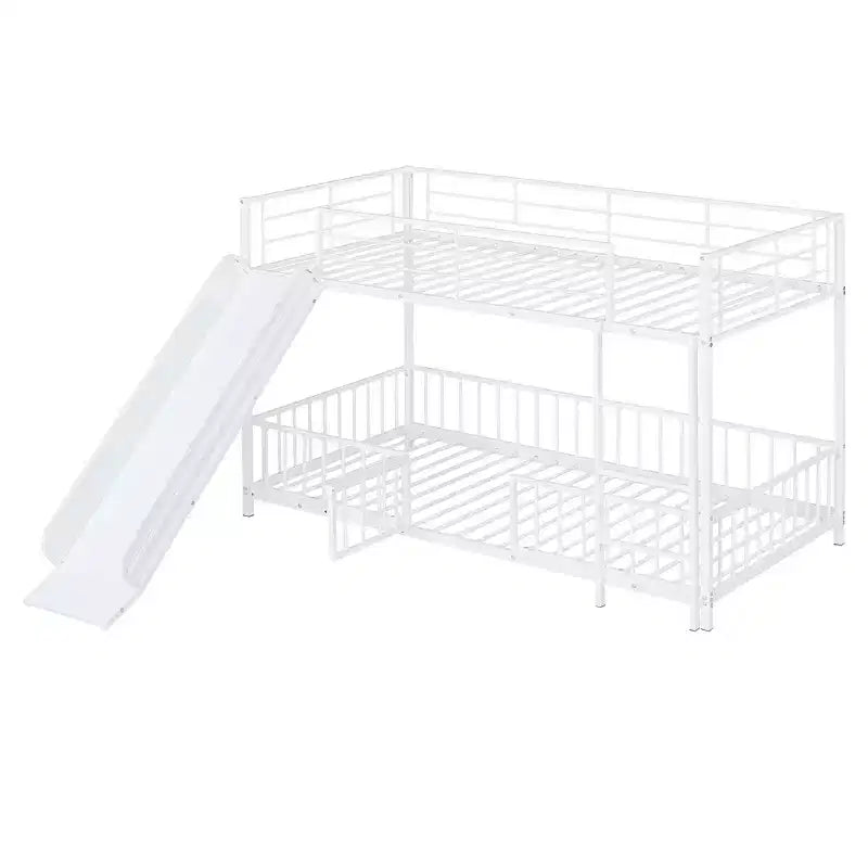 Letto a castello in metallo bianco/nero con scivolo e sponde di protezione, per 2 bambini
