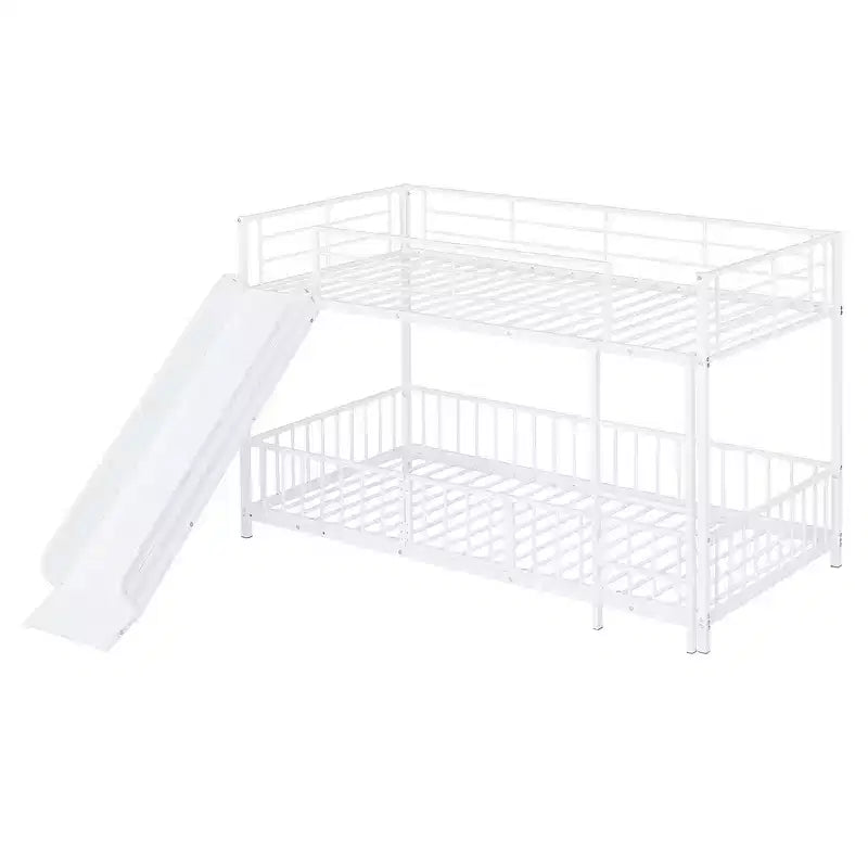 Letto a castello in metallo bianco/nero con scivolo e sponde di protezione, per 2 bambini