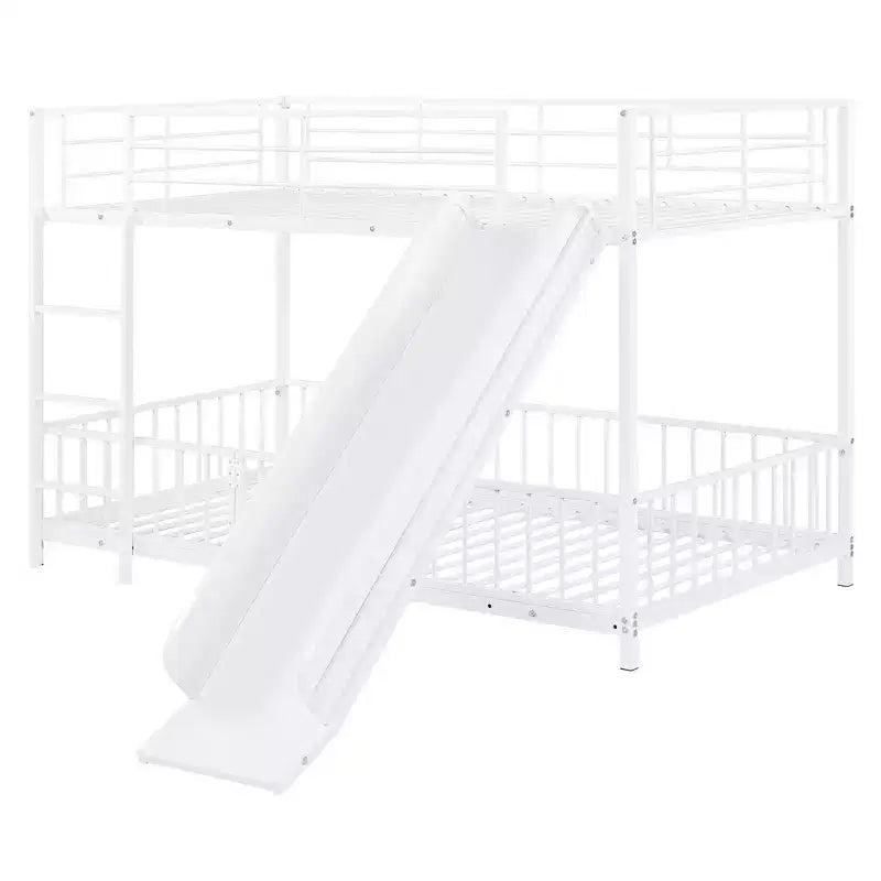 Letto a castello in metallo bianco/nero con scivolo e sponde di protezione, per 2 bambini