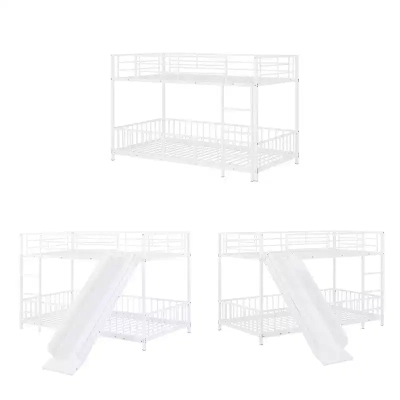 Letto a castello in metallo bianco/nero con scivolo e sponde di protezione, per 2 bambini
