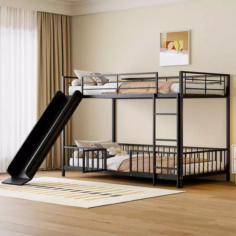 Metal Bunk Bed with Slide & Guardrails, Metal Bunkbeds Frame for Kids' Bedrooms
