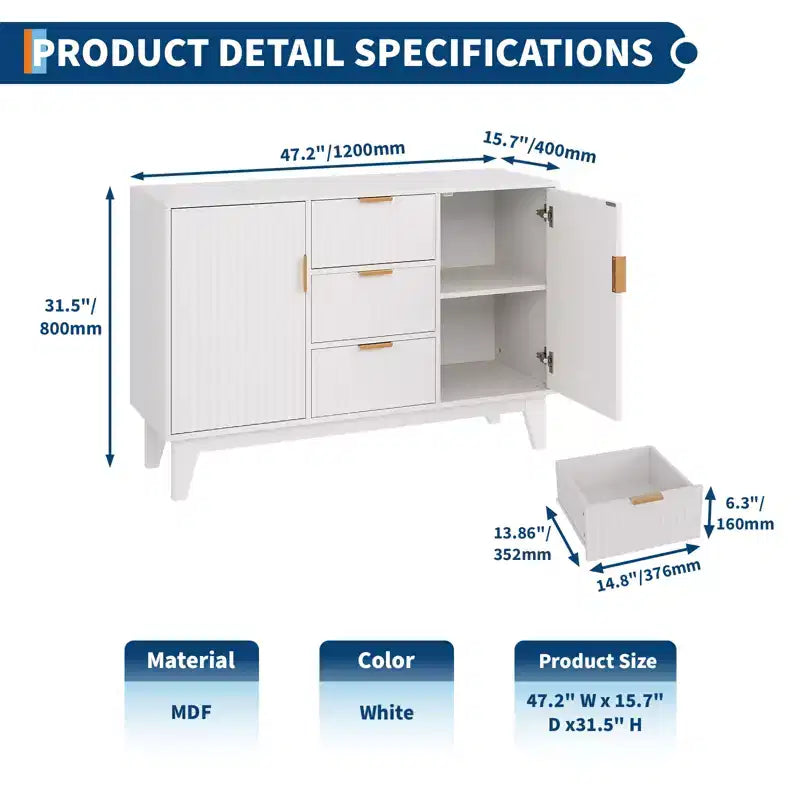 Madia a Buffet in Quercia/Bianco con Ante Scanalate, 120 cm, 3 Cassetti e 2 Ante