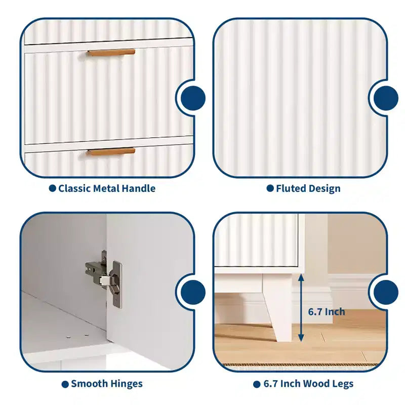 Madia a Buffet in Quercia/Bianco con Ante Scanalate, 120 cm, 3 Cassetti e 2 Ante