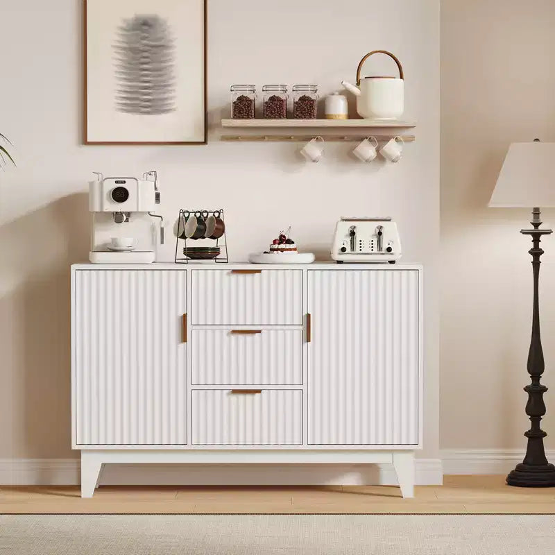 Madia a Buffet in Quercia/Bianco con Ante Scanalate, 120 cm, 3 Cassetti e 2 Ante