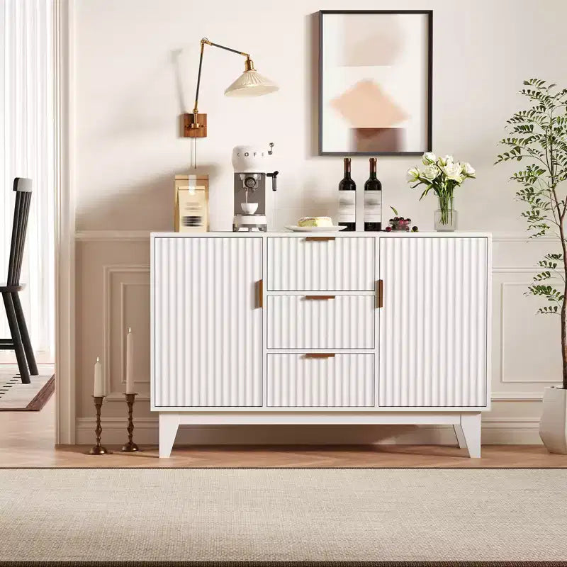 Madia a Buffet in Quercia/Bianco con Ante Scanalate, 120 cm, 3 Cassetti e 2 Ante