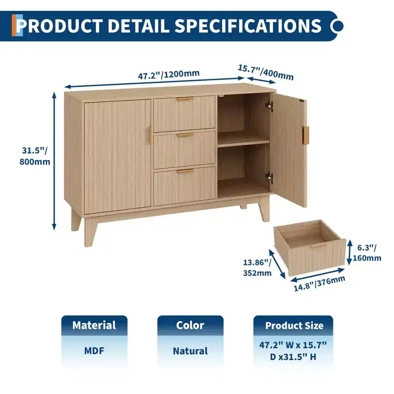 Madia a Buffet in Quercia/Bianco con Ante Scanalate, 120 cm, 3 Cassetti e 2 Ante