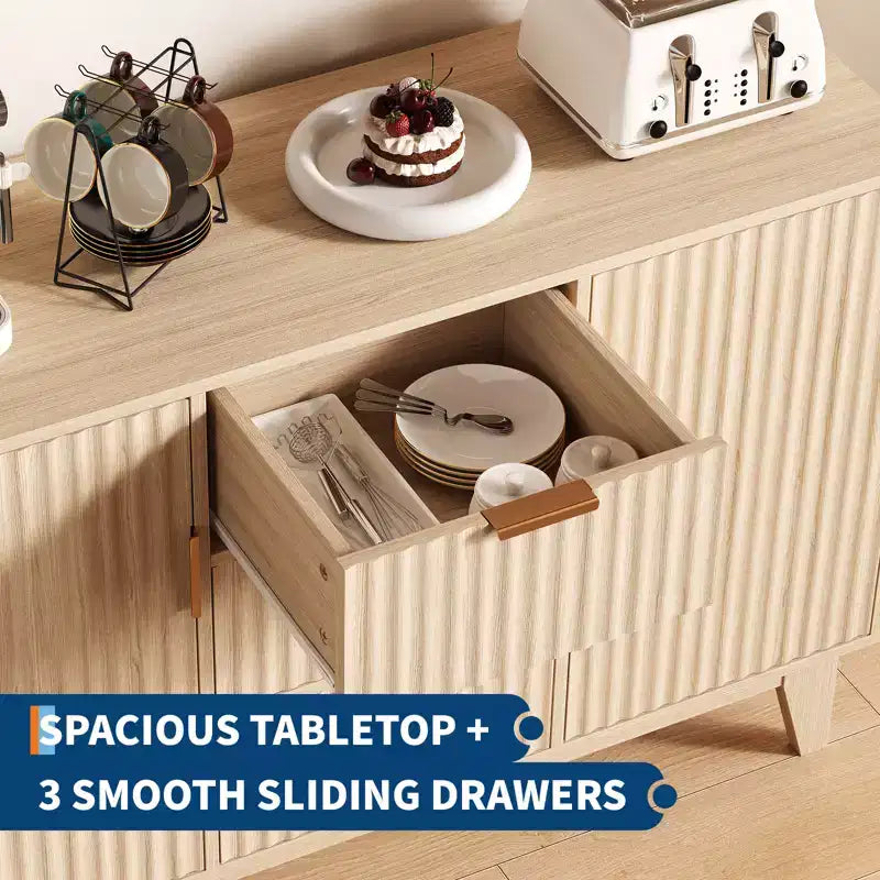 Madia a Buffet in Quercia/Bianco con Ante Scanalate, 120 cm, 3 Cassetti e 2 Ante