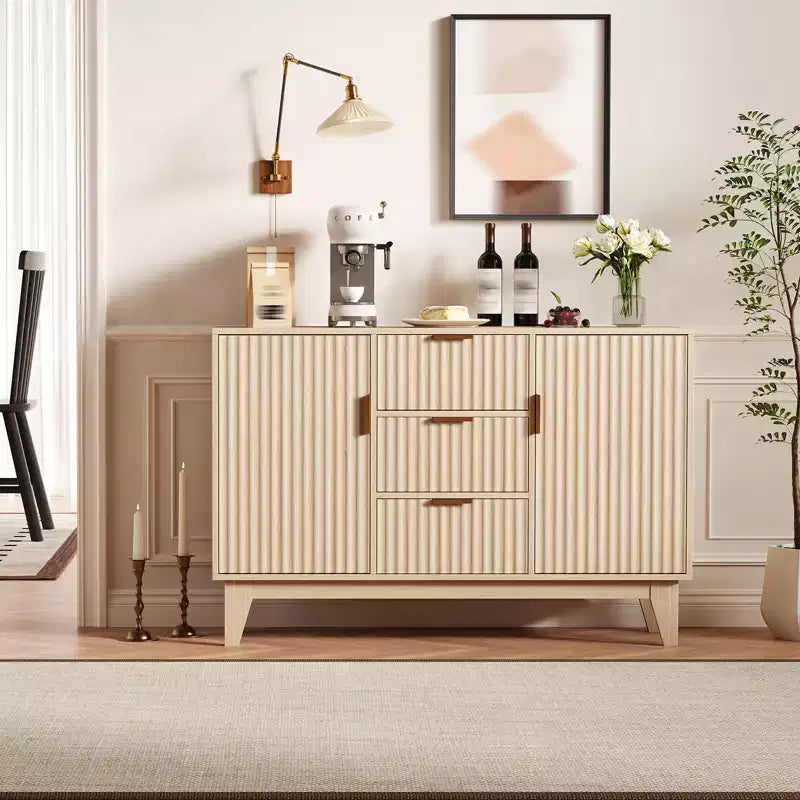 Madia a Buffet in Quercia/Bianco con Ante Scanalate, 120 cm, 3 Cassetti e 2 Ante