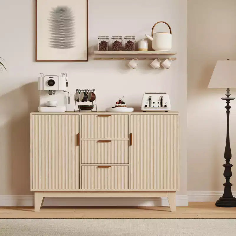 Madia a Buffet in Quercia/Bianco con Ante Scanalate, 120 cm, 3 Cassetti e 2 Ante