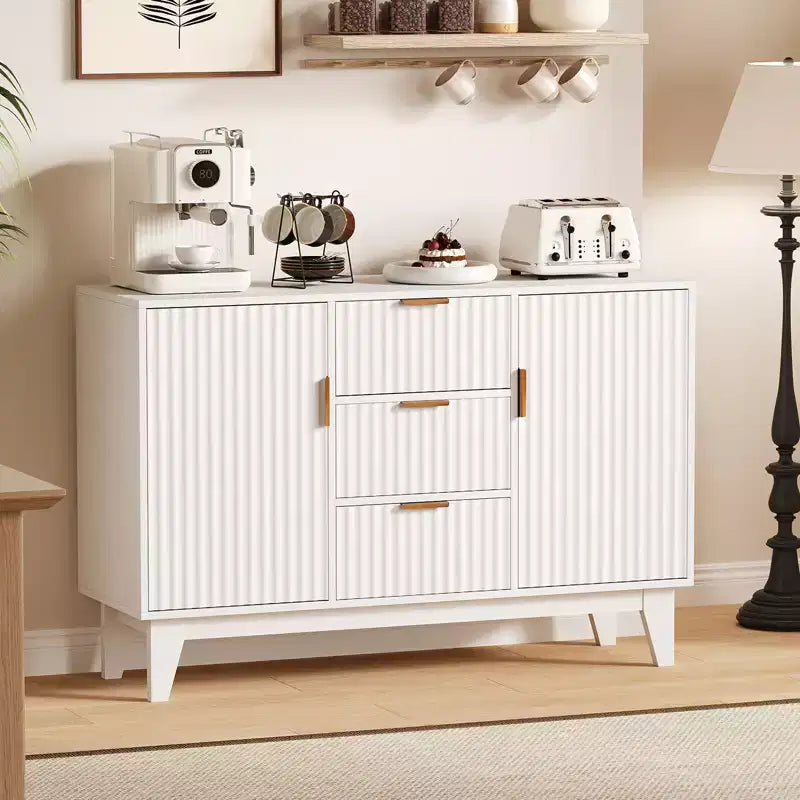 Madia a Buffet in Quercia/Bianco con Ante Scanalate, 120 cm, 3 Cassetti e 2 Ante