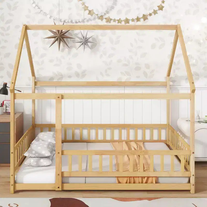 Bellemave Full Size House Bed for Kids,Solid Wood Floor Bed, Montessori Floor Bed with Fence and Roof,(Full,Natural)