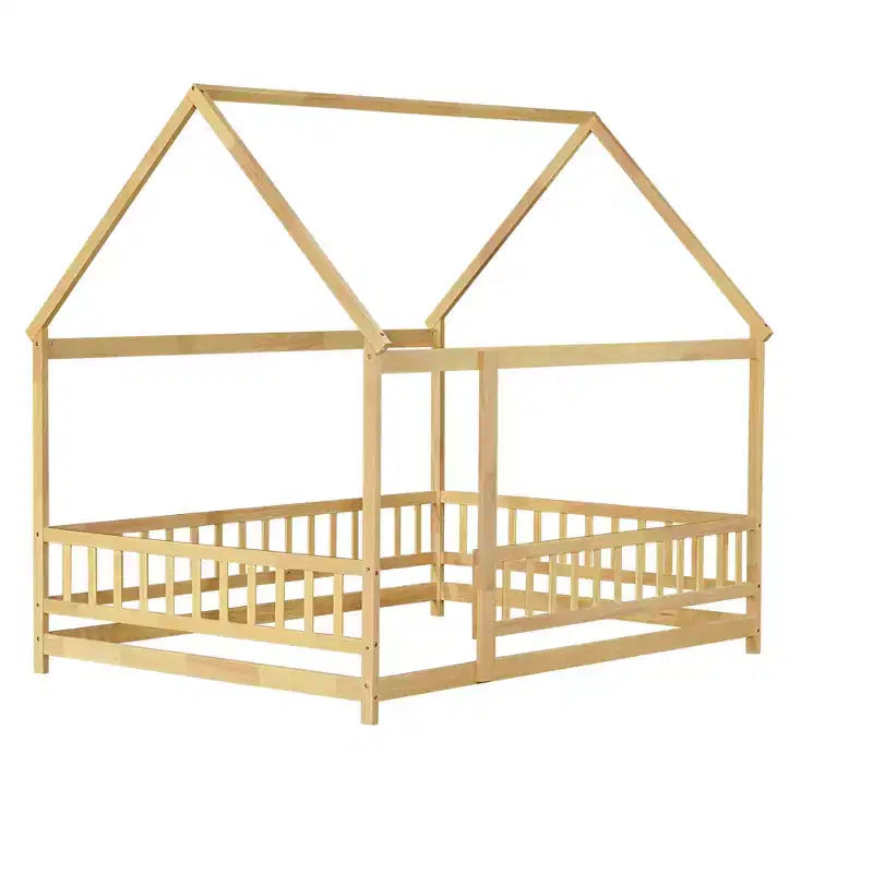 Letto a capanna a grandezza naturale, legno naturale, letto a pavimento con recinzione e tetto, 1 bambino