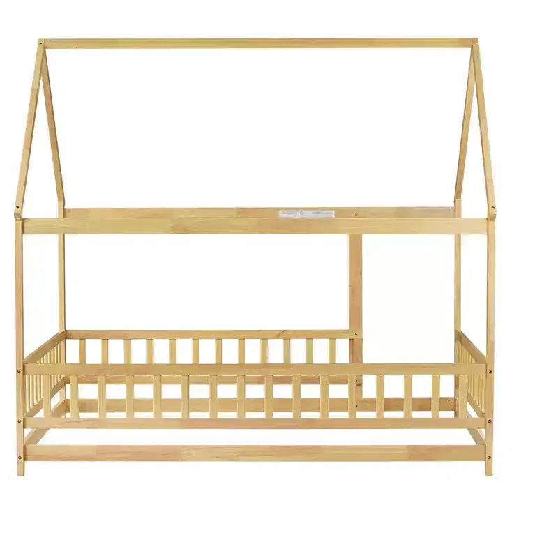 Letto a capanna a grandezza naturale, legno naturale, letto a pavimento con recinzione e tetto, 1 bambino