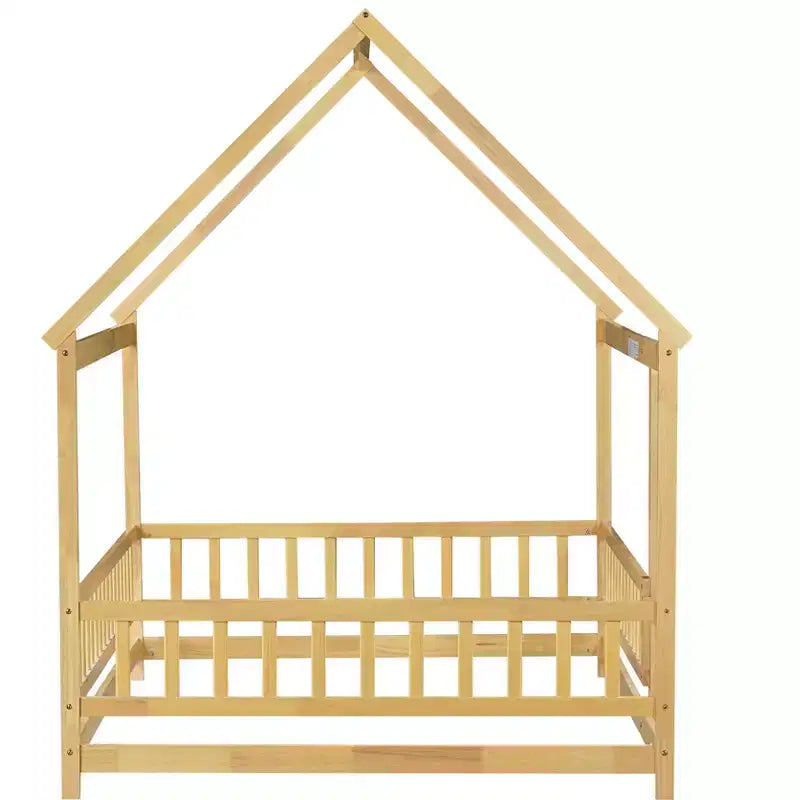 Letto a capanna a grandezza naturale, legno naturale, letto a pavimento con recinzione e tetto, 1 bambino