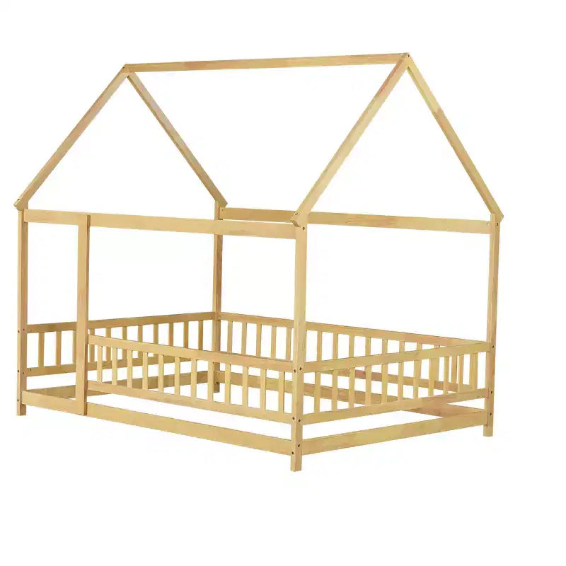 Letto a capanna a grandezza naturale, legno naturale, letto a pavimento con recinzione e tetto, 1 bambino