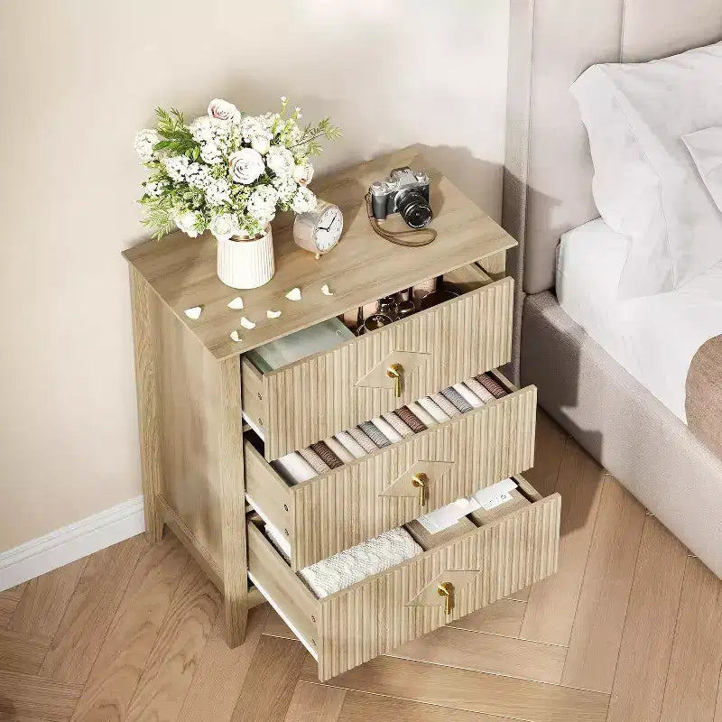 Cassettiera scanalata a 3 cassetti da 27,6" – Verde mela / Colore legno