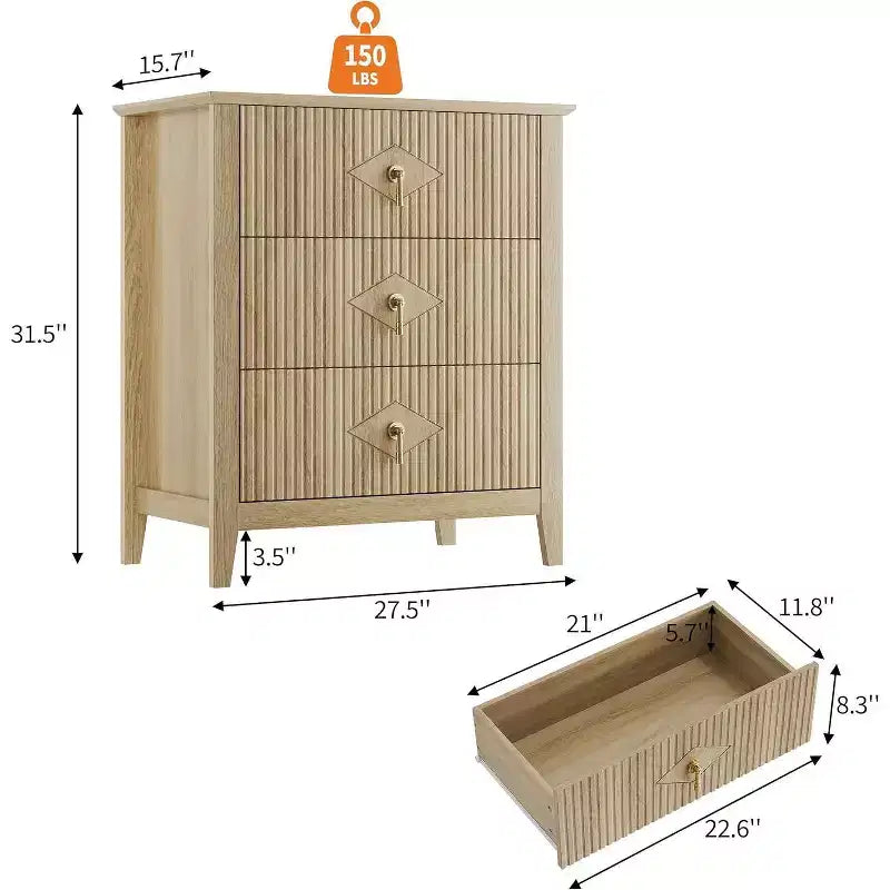Cassettiera scanalata a 3 cassetti da 27,6" – Verde mela / Colore legno