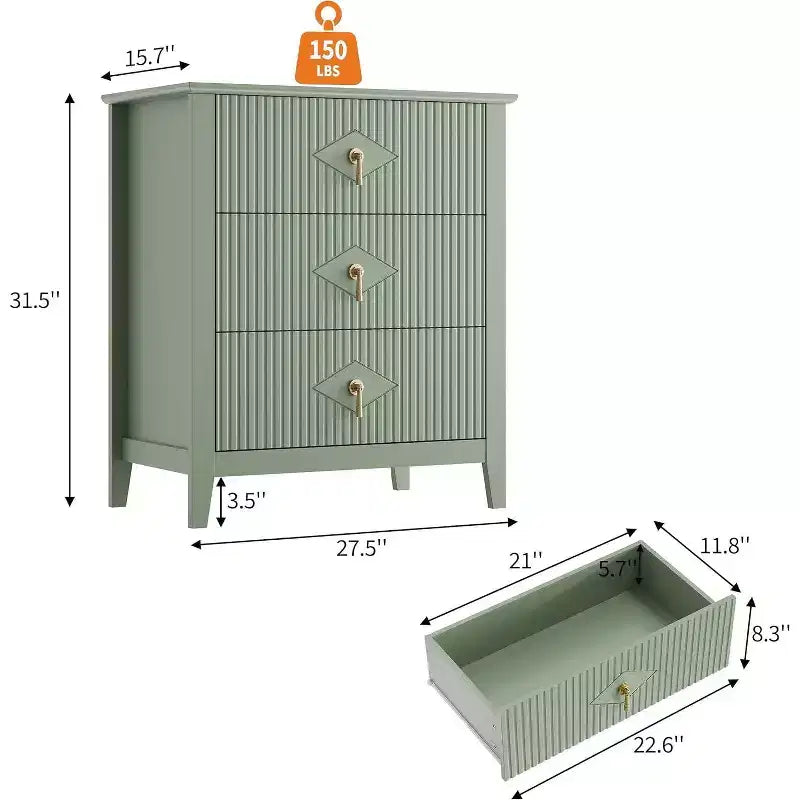 Cassettiera scanalata a 3 cassetti da 27,6" – Verde mela / Colore legno