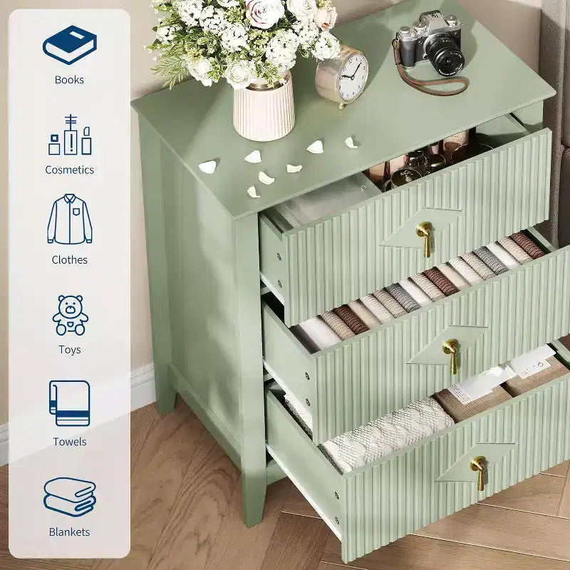 Cassettiera scanalata a 3 cassetti da 27,6" – Verde mela / Colore legno