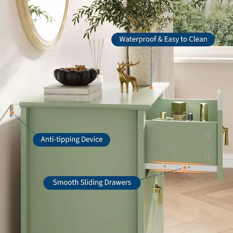 Cassettiera scanalata a 3 cassetti da 27,6" – Verde mela / Colore legno