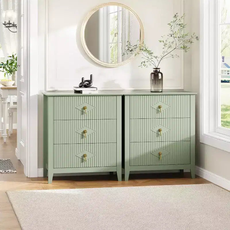 Cassettiera scanalata a 3 cassetti da 27,6" – Verde mela / Colore legno