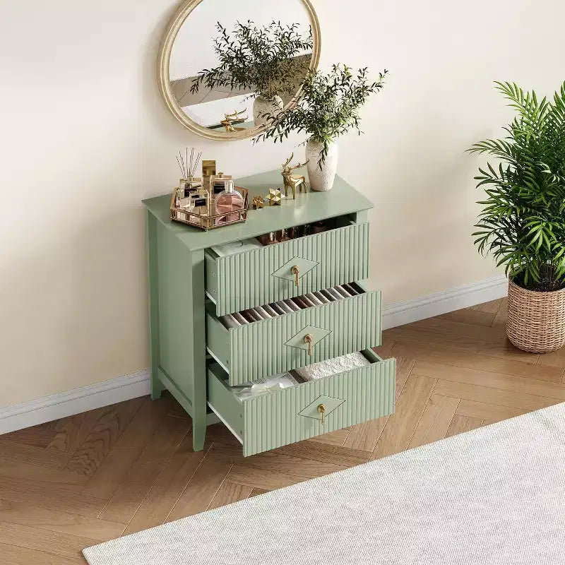 Cassettiera scanalata a 3 cassetti da 27,6" – Verde mela / Colore legno