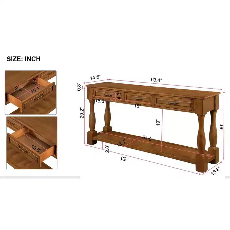 Consolle marrone in legno di pino da 63'' con 3 cassetti e ripiano, montaggio da 1 persona