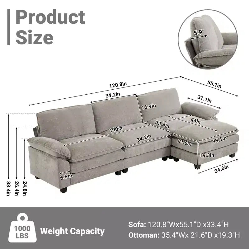 Divano in ciniglia con braccioli e topper, largo 305 cm, marrone/grigio/verde/arancione, 3 posti, con pouf