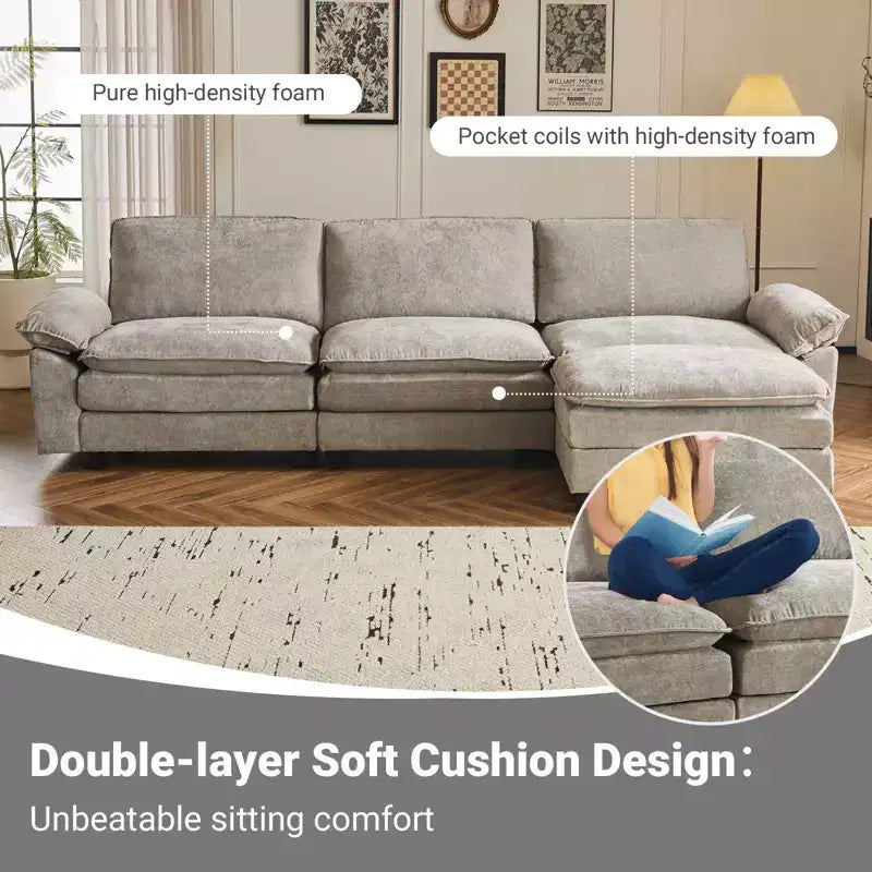 Divano in ciniglia con braccioli e topper, largo 305 cm, marrone/grigio/verde/arancione, 3 posti, con pouf