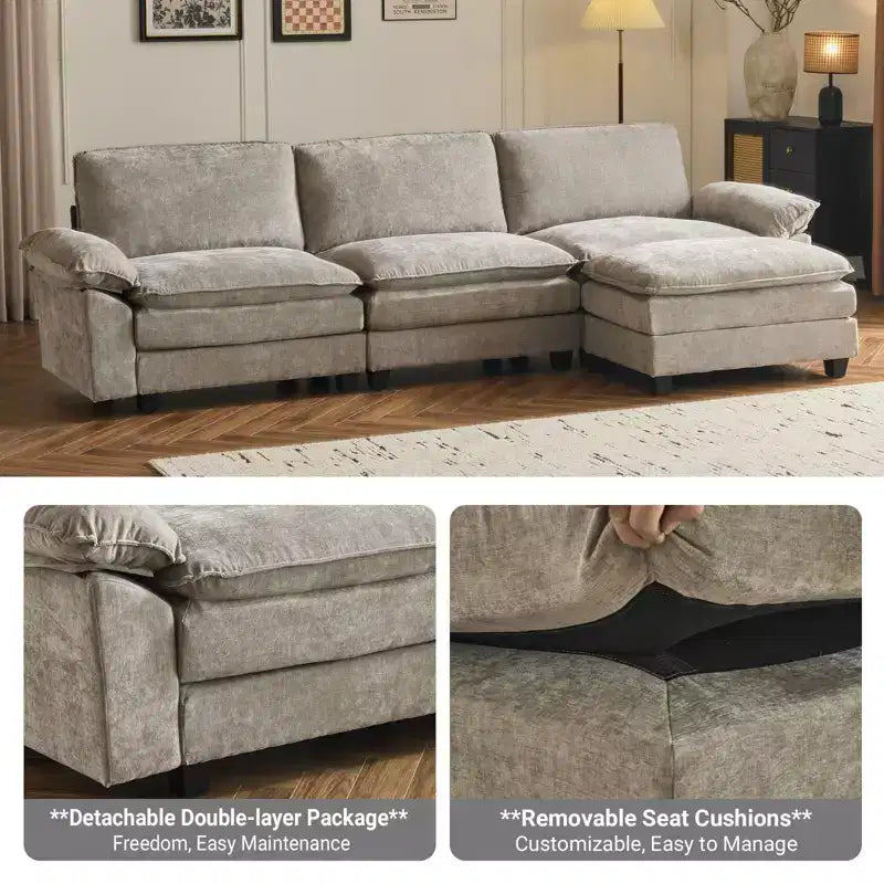 Divano in ciniglia con braccioli e topper, largo 305 cm, marrone/grigio/verde/arancione, 3 posti, con pouf