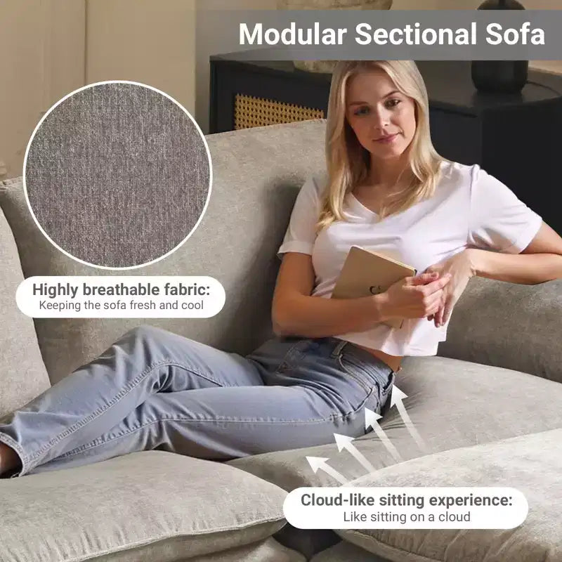 Divano in ciniglia con braccioli e topper, largo 305 cm, marrone/grigio/verde/arancione, 3 posti, con pouf