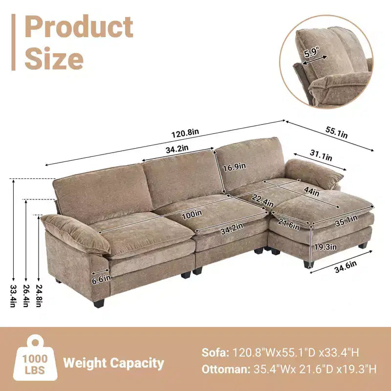 Divano in ciniglia con braccioli e topper, largo 305 cm, marrone/grigio/verde/arancione, 3 posti, con pouf