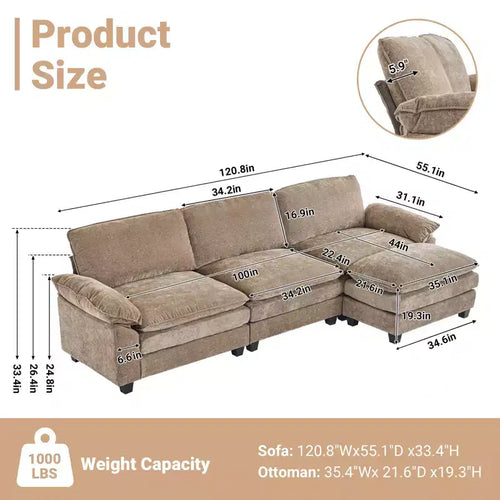 Divano in ciniglia con braccioli e topper, largo 305 cm, marrone/grigio/verde/arancione, 3 posti, con pouf