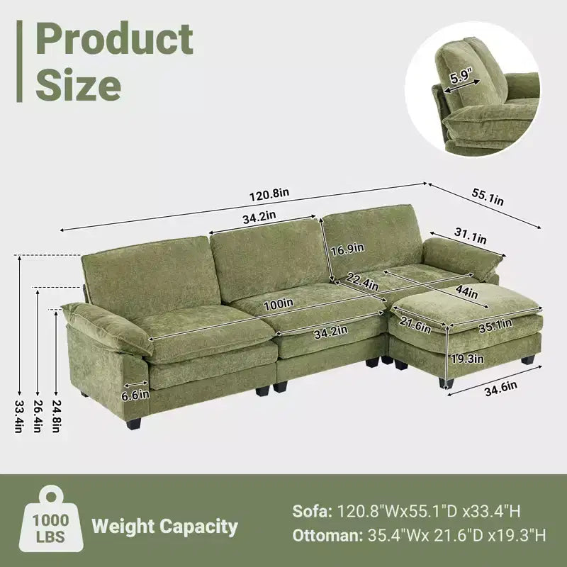 Divano in ciniglia con braccioli e topper, largo 305 cm, marrone/grigio/verde/arancione, 3 posti, con pouf