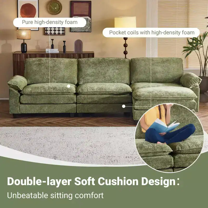 Divano in ciniglia con braccioli e topper, largo 305 cm, marrone/grigio/verde/arancione, 3 posti, con pouf