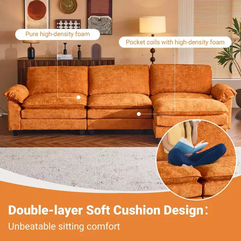 Divano in ciniglia con braccioli e topper, largo 305 cm, marrone/grigio/verde/arancione, 3 posti, con pouf
