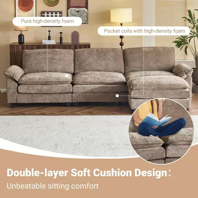 Divano in ciniglia con braccioli e topper, largo 305 cm, marrone/grigio/verde/arancione, 3 posti, con pouf