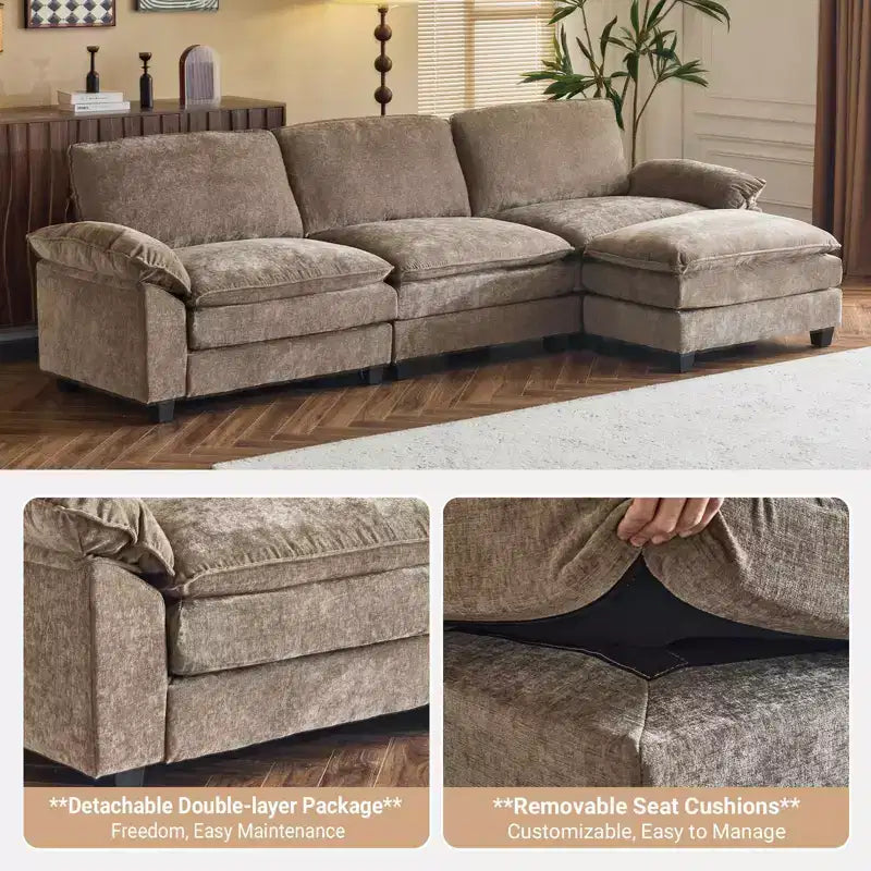 Divano in ciniglia con braccioli e topper, largo 305 cm, marrone/grigio/verde/arancione, 3 posti, con pouf