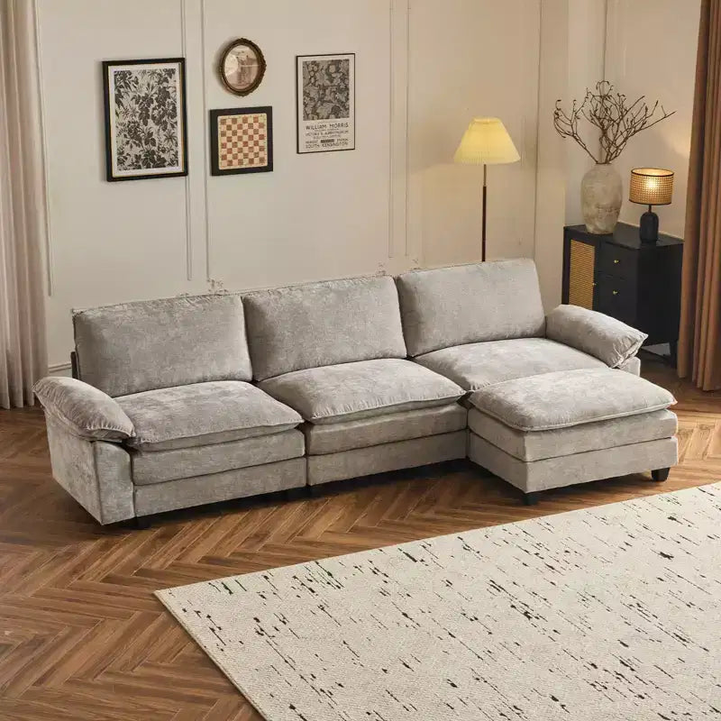 Divano in ciniglia con braccioli e topper, largo 305 cm, marrone/grigio/verde/arancione, 3 posti, con pouf