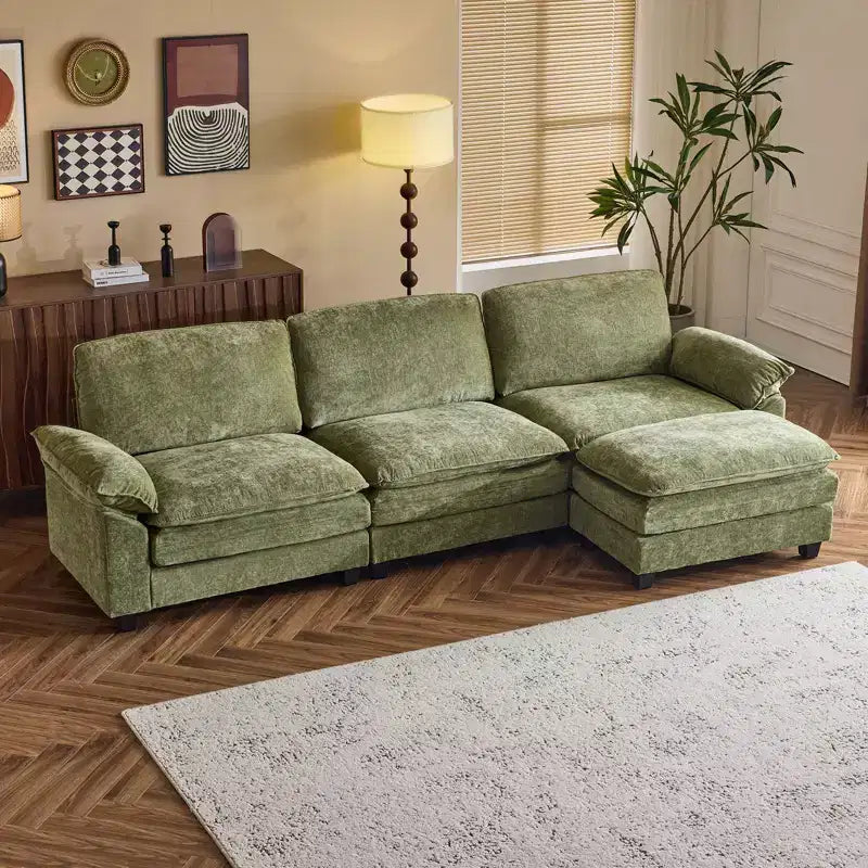 Divano in ciniglia con braccioli e topper, largo 305 cm, marrone/grigio/verde/arancione, 3 posti, con pouf