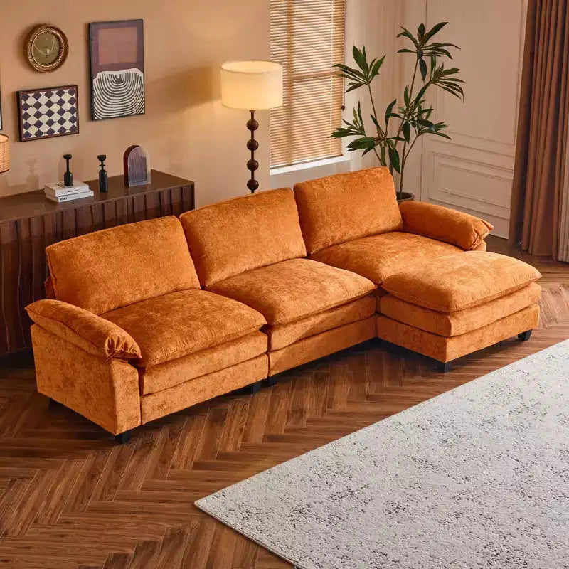 Divano in ciniglia con braccioli e topper, largo 305 cm, marrone/grigio/verde/arancione, 3 posti, con pouf