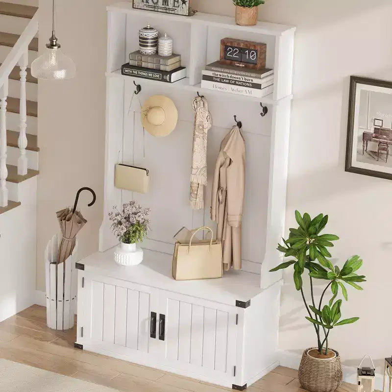 Appendiabiti da ingresso bianco con panca portascarpe, appendiabiti e 5 ganci – Organizer da ingresso 4 in 1