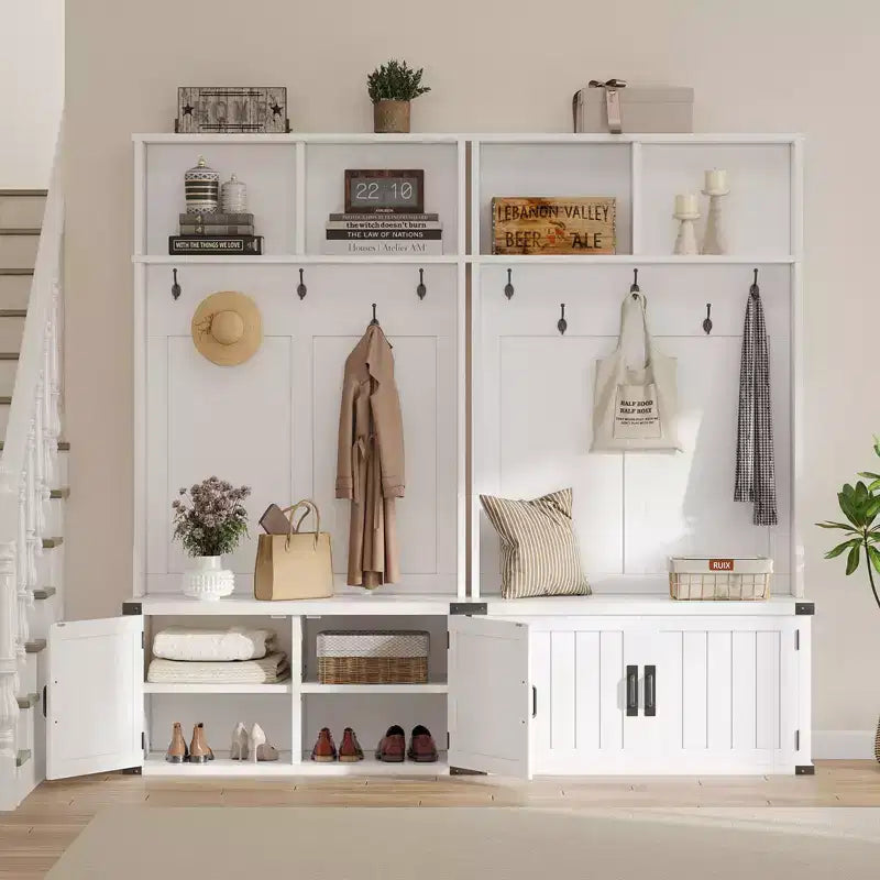Appendiabiti da ingresso bianco con panca portascarpe, appendiabiti e 5 ganci – Organizer da ingresso 4 in 1
