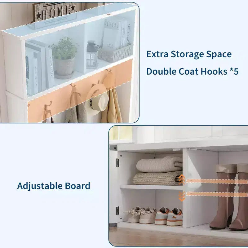 Appendiabiti da ingresso bianco con panca portascarpe, appendiabiti e 5 ganci – Organizer da ingresso 4 in 1